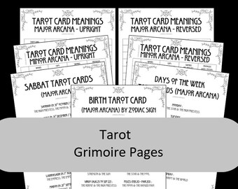 Páginas de Grimório com Significados das Cartas de Tarô, além de Cartas de Tarô para Sabbats, Signos do Zodíaco e Dias da Semana. Imprimíveis Pagãos de Bruxa, Livro das Sombras