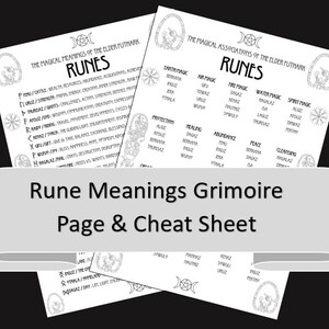 May include: Two white pages with black text detailing rune meanings and associations. The text includes the word "RUNES" and various symbols. The pages are labelled "Rune Meanings Grimoire Page & Cheat Sheet."