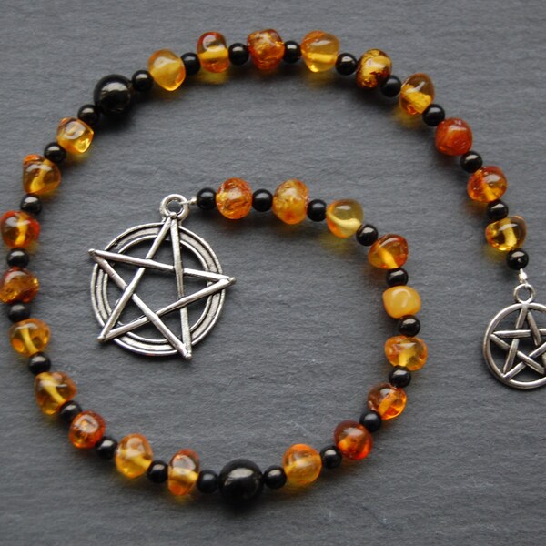Baltic Amber and Jet Pagan Prayer Beads / Witch's Ladder / Witches' Ladder. Pagan Wicca Witch Druid Heathen Asatru Freyja Goddess Witch.