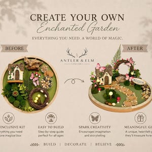 K&ouml;nnte beinhalten: Ein "Verzauberter Garten"-Bausatz mit Vorher-Nachher-Anzeige. Das Set enth&auml;lt Miniaturh&auml;user, Pflanzen, Schmetterlinge und einen Weg. Der Text lautet "Erschaffe deinen eigenen verzauberten Garten" und "Alles, was du brauchst. Eine Welt der Magie."