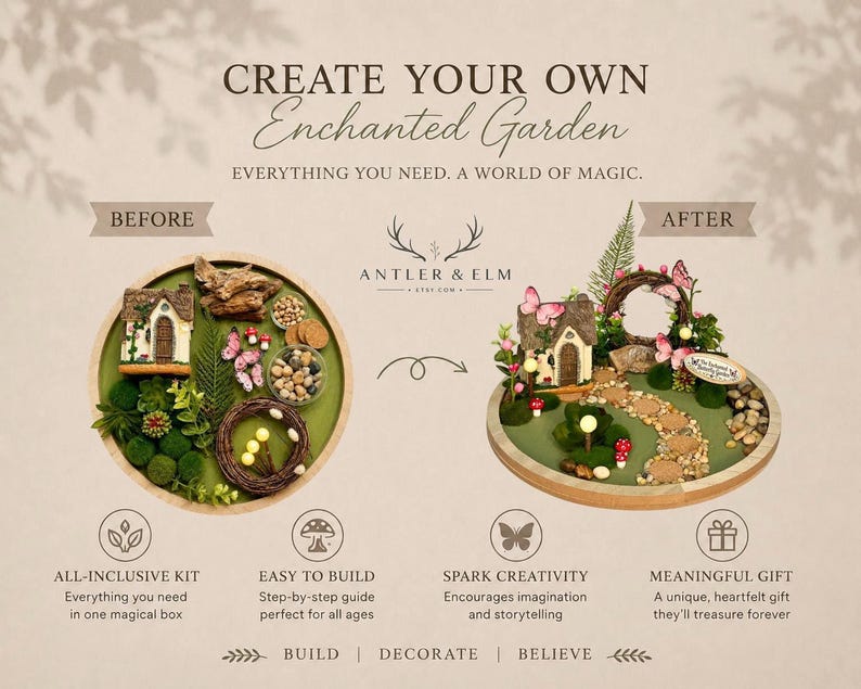K&ouml;nnte beinhalten: Ein "Verzauberter Garten"-Bausatz mit Vorher-Nachher-Anzeige. Das Set enth&auml;lt Miniaturh&auml;user, Pflanzen, Schmetterlinge und einen Weg. Der Text lautet "Erschaffe deinen eigenen verzauberten Garten" und "Alles, was du brauchst. Eine Welt der Magie."