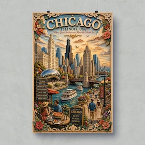 Op de afbeelding: Een verticale poster van de skyline van Chicago met de Willis Tower en Cloud Gate. De tekst luidt CHICAGO ILLINOIS, USA, en noemt bezienswaardigheden zoals The Bean en Navy Pier. Mensen dineren aan een tafel bij een rivier met boten.