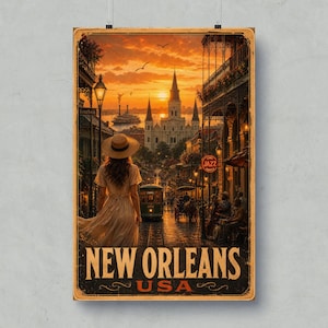 Puede incluir: Un póster vertical con una vista al atardecer de Nueva Orleans, EE. UU. Una persona con un vestido claro y sombrero de sol está en primer plano. La escena incluye un tranvía, una catedral, un barco fluvial y músicos. Dice NEW ORLEANS USA.