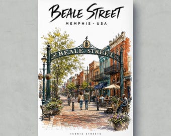 May include: A vertical art print featuring a watercolour illustration of Beale Street in Memphis, USA. The scene depicts a brick-paved street with a large metal archway, historic brick buildings, street lamps, pedestrians, and a musician.