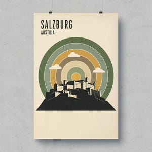 Salzburg Austria Travel Poster, Hohensalzburg Fortress Print, Retro European City Art, Vintage Destination Wall Art Decor