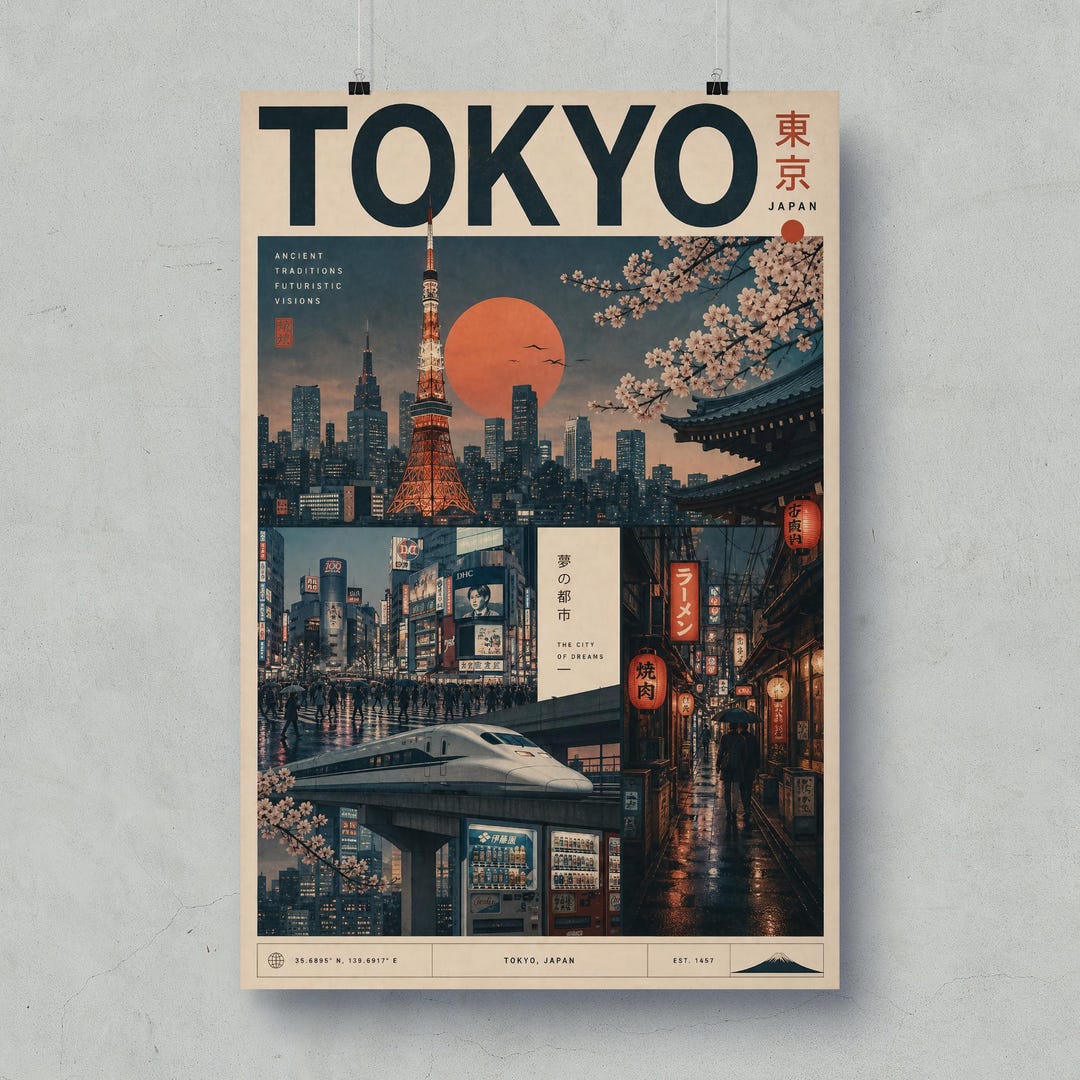 Tokyo Japan Travel Poster | Vintage Japanese Cityscape Wall Art Print ...