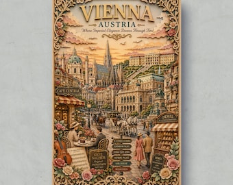 May include: A vertical poster titled VIENNA AUSTRIA Where Imperial Elegance Dances Through Time, featuring a detailed illustration of city architecture, horse-drawn carriages, and people at cafes, framed by ornate floral borders and scrollwork.