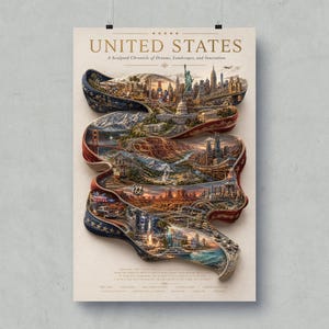 May include: A poster titled "United States" features a stylized map of the U.S. with iconic landmarks like the Statue of Liberty, Hollywood sign, and Route 66. The map is in the shape of the U.S. flag with a cream background.