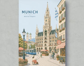 May include: A vertical travel poster of Munich featuring the New Town Hall with its tall clock tower, a blue tram, a person sketching on a stool, a cyclist, and a bakery with pretzels. The text reads MUNICH and Bavarian Elegance.