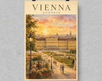Könnte beinhalten: Ein vertikaler Wandkunstdruck mit einem Aquarellgemälde des Schlosses Schönbrunn in Wien, Österreich. Die Szene zeigt einen goldenen Sonnenuntergang über den Schlossgärten, Menschen auf den Wegen, eine Straßenlaterne und den Text VIENNA AUSTRIA.