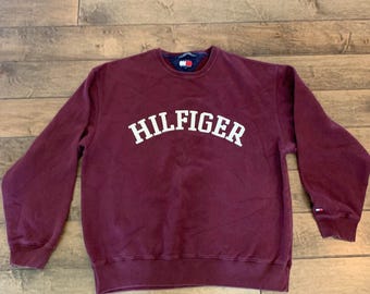 Jersey de felpa azul vintage TOMMY HILFIGER con estampado de bandera grande, talla XL