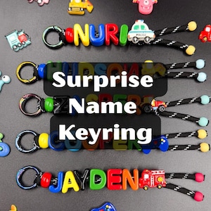 Personalised Name Keyring | Kids Backpack Charm, colourful Letters, Surprise Charm