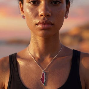 May include: A silver-toned necklace featuring a pendant shaped like the map of Palestine, colored with red, white, green, and black enamel details, paired with matching watermelon slice stud earrings on a person wearing a black tank top.