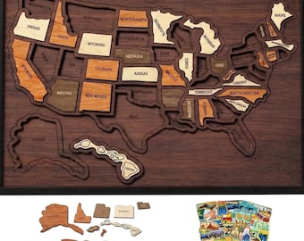 USA Travel Map Tracker – Retirement Gift for Travelers – 50 States Map Bucket List - Wooden Puzzle Map – Travel Tracker – RV Adventures