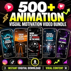 May include: A promotional graphic for a visual motivation video bundle. The image features five smartphones displaying motivational quotes, with the text "500+ ANIMATION VISUAL MOTIVATION VIDEO BUNDLE" at the top. Icons for social media and a download button are also included.