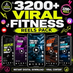 Puede incluir: Imagen promocional de un producto de fitness digital. La imagen presenta cinco teléfonos inteligentes que muestran citas motivacionales y contenido relacionado con el entrenamiento. El texto dice "3200+ Viral Fitness Reels Pack" y "Instant Digital Download | Viral Content."