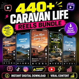 Op de afbeelding: Een promotionele afbeelding voor een digitale productbundel. De afbeelding toont vijf smartphoneschermen met caravan-thema Reels, met tekstoverlays zoals "Adventure Awaits" en "Live More Worry Less". De titel luidt "440+ Caravan Life Reels Bundle".