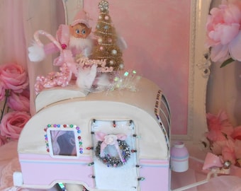 Sweet vintage Inspired Pink Christmas Camper Glamping Pixie Decoration Kitsch OOAK