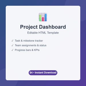 May include: A digital graphic with the text "Project Dashboard" and "Editable HTML Template." Features include a task tracker, team assignments, and progress bars. A small icon of a bar graph is at the top. The background is white with a purple gradient.
