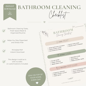 May include: A printable bathroom cleaning checklist with a minimalist design. The checklist includes daily, weekly, and monthly tasks. The text includes "Bathroom Cleaning Checklist", "Daily Reset", "Weekly Clean", and "Monthly Deep Clean".