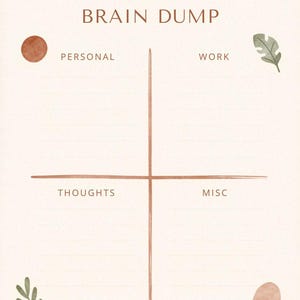 Op de afbeelding: Een beige Brain Dump notitieblok met een aquarelontwerp. Het notitieblok is verdeeld in vier secties met de labels "Persoonlijk", "Werk", "Gedachten" en "Diversen". De titel "Brain Dump" staat bovenaan, met een illustratie van de zon.