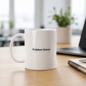May include: A white ceramic mug with a C-shaped handle featuring the text "Problem Solver" printed in black sans-serif font on the front. The mug has a smooth, glossy finish and a cylindrical body, standing upright with a simple, functional design.