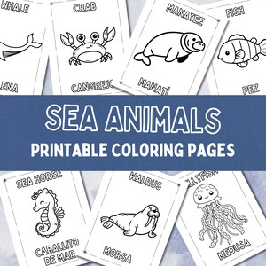 May include: A collection of printable coloring pages featuring black and white line art illustrations of sea animals including a whale, crab, manatee, fish, sea horse, walrus, and jellyfish, with English and Spanish text labels for each creature.
