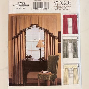 May include: A Vogue Decor pattern for window treatments. The cover features a room setting with a window, curtains, and a chair. The pattern includes options for different curtain styles, with illustrations in red, green, and cream.