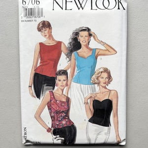May include: A vintage New Look sewing pattern featuring illustrations of four different tops. The pattern number is 6706, with a size range of 6-16. The tops include a red tank, a blue top, and two other designs.