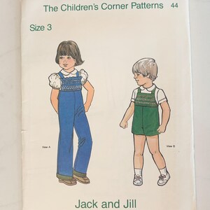 May include: Vintage sewing pattern titled "The Children's Corner Patterns 44" featuring illustrations of children's clothing. The pattern includes a size 3 option and is designed by Elizabeth Travis Johnson. The cover shows two children wearing different outfits.