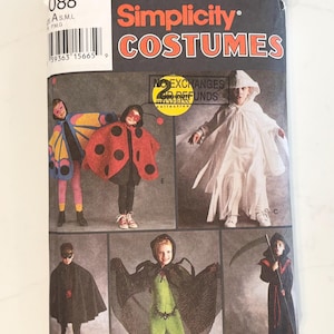 May include: Simplicity Costumes pattern featuring children in various Halloween costumes. The costumes include a butterfly, ladybug, ghost, vampire, and grim reaper. The pattern includes sizes A, S, M, and L.
