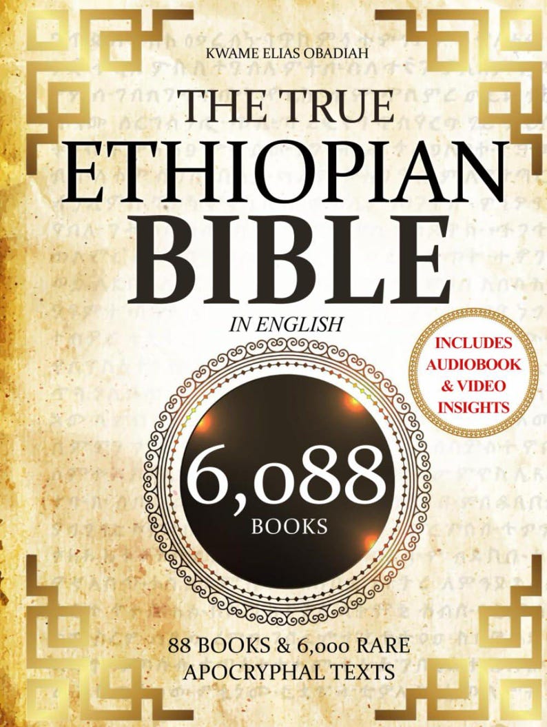 May include: The cover of "The True Ethiopian Bible in English" features a vintage design with gold accents and text. The title is prominently displayed, along with the number of books, and the inclusion of audio and video insights.
