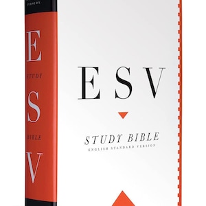 Może przedstawiać: Twarda Biblia do studiowania ESV z białą okładką i czarnym tekstem. Grzbiet jest czerwony z białymi literami. Tytuł "ESV STUDY BIBLE" jest wyraźnie wyświetlany. Książka jest tekstem religijnym.