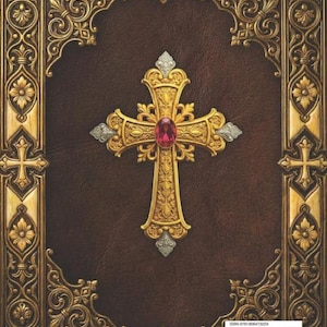 Puede incluir: Una cubierta detallada y ornamentada con una cruz dorada y una gema roja en el centro. La cubierta tiene un fondo marr&oacute;n oscuro y bordes decorativos dorados con motivos florales y de cruces. El dise&ntilde;o evoca un texto religioso o un diario.