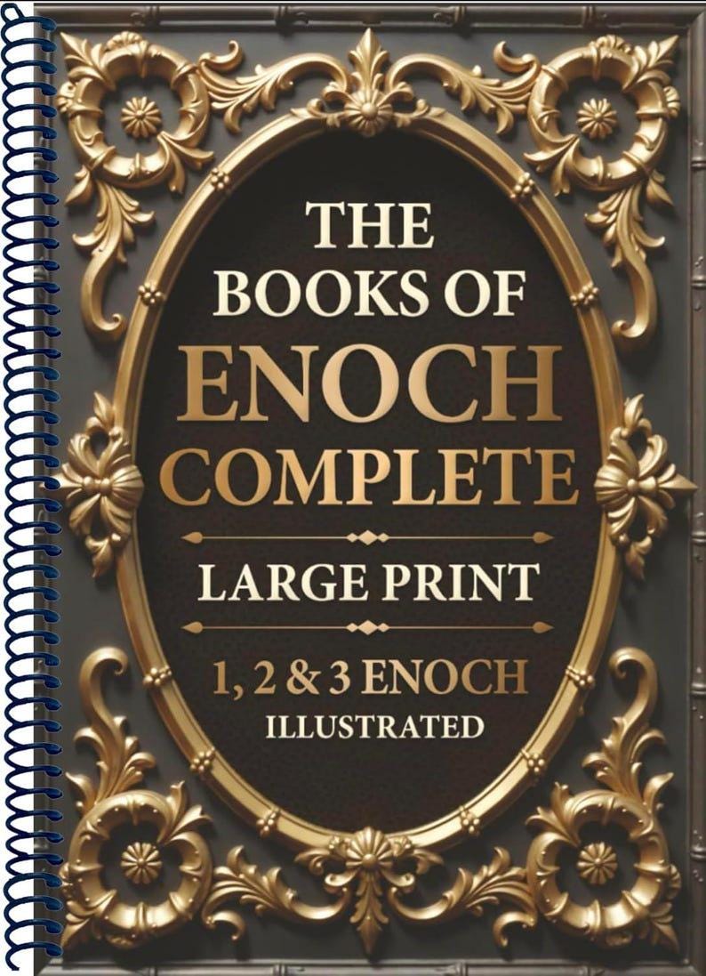 以下が含まれることがあります： 「The Books of Enoch Complete」というタイトルで、金色の文字と装飾的な金の透かし模様が施された、スパイラル綴じの本。表紙は濃い茶色で、「Large Print」と「1, 2 & 3 Enoch Illustrated」の文字が書かれています。