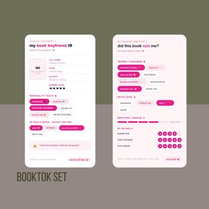 Pode incluir: Dois modelos digitais em um fundo rosa claro. O modelo esquerdo &eacute; intitulado "my book boyfriend ID" e o direito "did this book ruin me?" Ambos os modelos t&ecirc;m texto e gr&aacute;ficos rosa e branco.