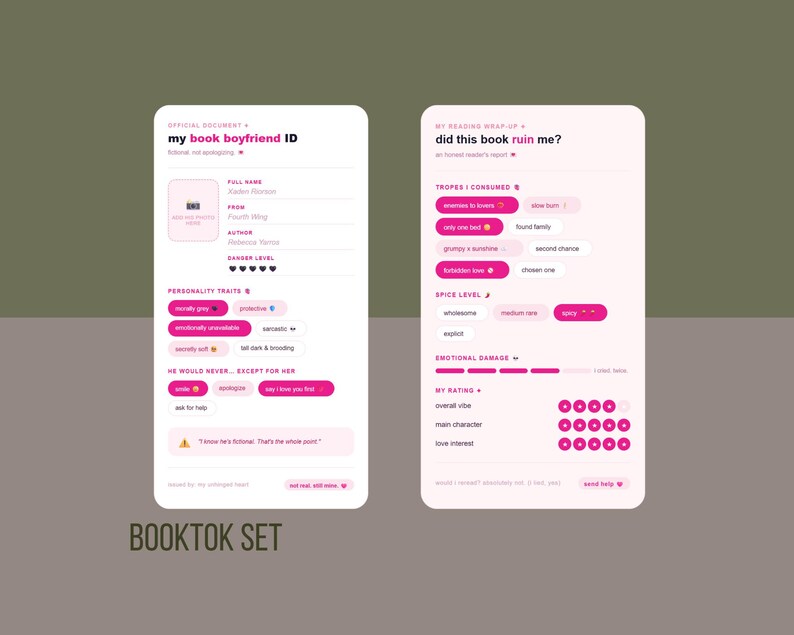 Pode incluir: Dois modelos digitais em um fundo rosa claro. O modelo esquerdo &eacute; intitulado "my book boyfriend ID" e o direito "did this book ruin me?" Ambos os modelos t&ecirc;m texto e gr&aacute;ficos rosa e branco.