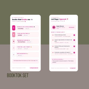 Pode incluir: Duas telas de smartphone exibindo conte&uacute;do relacionado a livros. Uma tela mostra uma lista intitulada "books that broke me", com t&iacute;tulos de livros e classifica&ccedil;&otilde;es. A outra tela lista "red flags I ignored". O texto "BOOKTOK SET" est&aacute; na parte inferior.