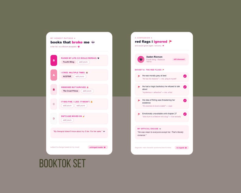 Pode incluir: Duas telas de smartphone exibindo conte&uacute;do relacionado a livros. Uma tela mostra uma lista intitulada "books that broke me", com t&iacute;tulos de livros e classifica&ccedil;&otilde;es. A outra tela lista "red flags I ignored". O texto "BOOKTOK SET" est&aacute; na parte inferior.