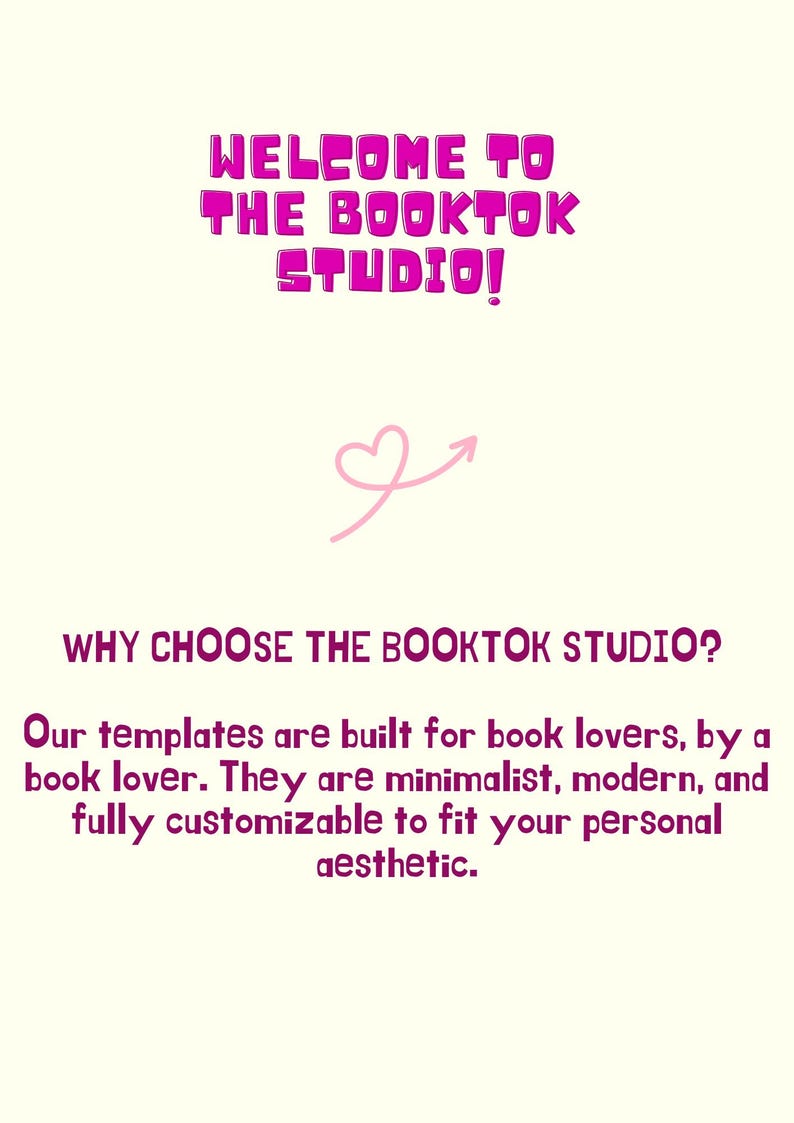 Pode incluir: Gr&aacute;fico creme com o texto "WELCOME TO THE BOOKTOK STUDIO!" em letras rosa. Abaixo, l&ecirc;-se "WHY CHOOSE THE BOOKTOK STUDIO?" seguido de texto sobre modelos para amantes de livros.