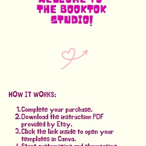 May include: A cream-colored graphic with the text "WELCOME TO THE BOOKTOK STUDIO!" in pink bubble letters. Below, a pink heart and arrow graphic is displayed. Instructions on how to use the product are listed below.