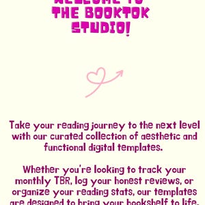 Pode incluir: Gr&aacute;fico digital com o texto "WELCOME TO THE BOOKTOK STUDIO!" em uma fonte de bolhas. Abaixo, o texto diz: "Leve sua jornada de leitura para o pr&oacute;ximo n&iacute;vel com nossa cole&ccedil;&atilde;o selecionada de modelos digitais est&eacute;ticos e funcionais."