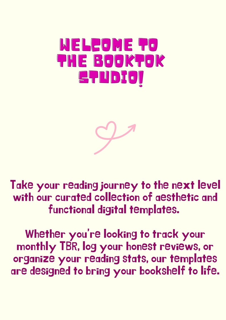 Pode incluir: Gr&aacute;fico digital com o texto "WELCOME TO THE BOOKTOK STUDIO!" em uma fonte de bolhas. Abaixo, o texto diz: "Leve sua jornada de leitura para o pr&oacute;ximo n&iacute;vel com nossa cole&ccedil;&atilde;o selecionada de modelos digitais est&eacute;ticos e funcionais."
