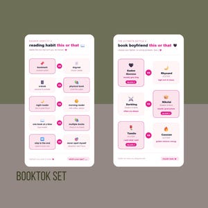 May include: Two phone-shaped graphics with pink and white text boxes. One says "reading habit this or that" with options like "bookmark" vs "dog-ear". The other says "book boyfriend this or that" with options like "Xaden Riersan" vs "Rhysand".
