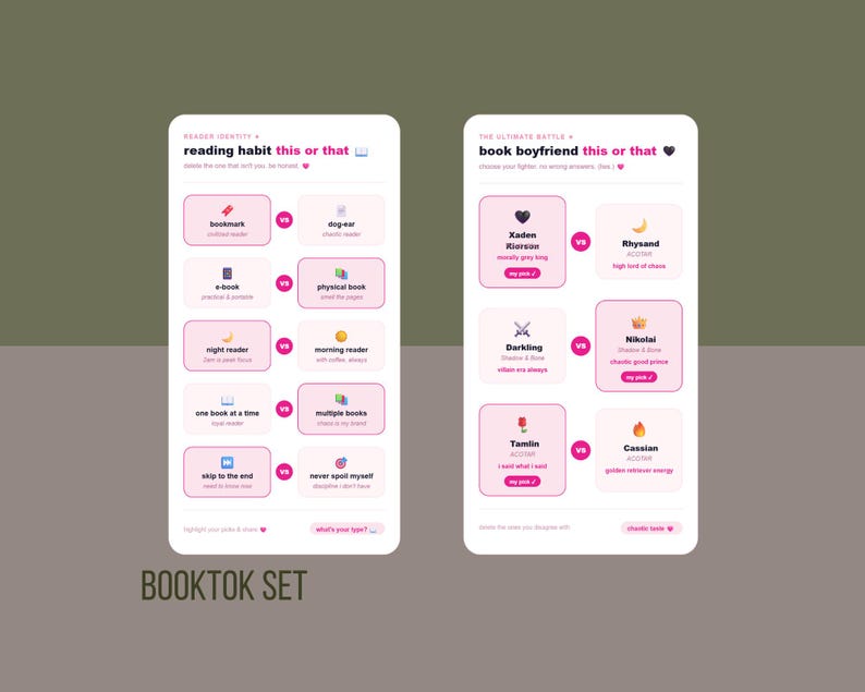 May include: Two phone-shaped graphics with pink and white text boxes. One says "reading habit this or that" with options like "bookmark" vs "dog-ear". The other says "book boyfriend this or that" with options like "Xaden Riersan" vs "Rhysand".