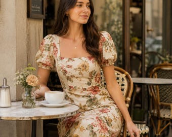 Floral Midi Dress Sewing Pattern PDF, Puff Sleeve Dress Template, Printable Women Dress Pattern, Cottage Style Dress Sewing PDF