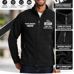 May include: A black fleece jacket featuring a full-length front zipper, a stand-up collar, and two zippered side pockets. The chest area displays the text YOUR DESIGN HERE and YOUR DESIGN Logos Texts stitching embroidery in white thread.