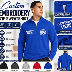 May include: A royal blue quarter-zip sweatshirt featuring custom embroidery options. The garment includes a stand-up collar with a silver zipper, long sleeves, and text overlays stating Custom Embroidery Zip Sweatshirt, Your Design Here, and Back View. Available in black, heather black, heather grey, true red, and true royal colors.