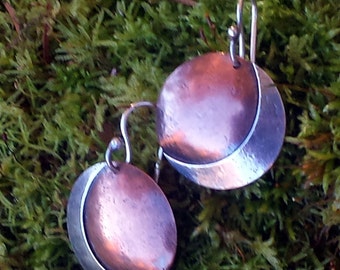 Crescent Moon Full Moon Lunar Phase Earrings Medium Size Mixed Metals Metalsmith Earrings Vermont Artisan Woodland Fairy Celestial Tribal