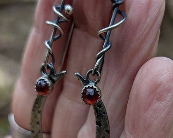 Crescent Moon Earrings With Garnets Starry Starry Nights Sterling Silver Metalsmith Jewelry